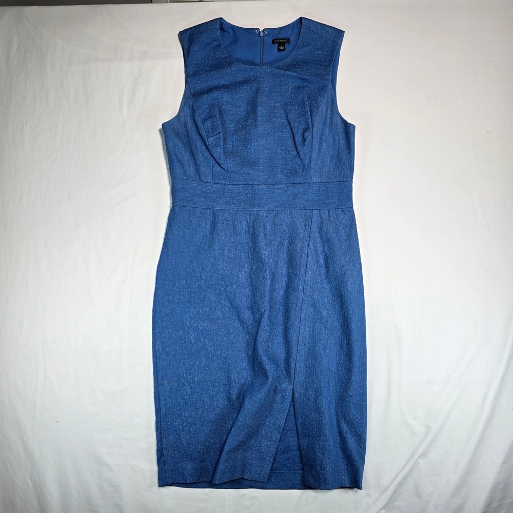 Ann Taylor Blue Textured Sleeveless Sheath Dress 6 Wrap Front Slit 395770